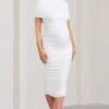 Roxanne | White Ruched Bardot Maternity Midi Dress -ENY Clothing Shop WB BR CL129216005 RoxanneWhiteRuchedBardotMaternityMidiDress3