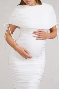 Roxanne | White Ruched Bardot Maternity Midi Dress -ENY Clothing Shop WB BR CL129216005 RoxanneWhiteRuchedBardotMaternityMidiDress4