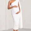 Yara | White One Sleeve Ruched Maternity Midi Dress With Cape Sleeve -ENY Clothing Shop WB BR CL129218 YaraWhiteOneSleeveRuchedMaternityMidiDresswithCapeSleeve0