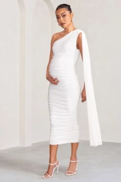 Yara | White One Sleeve Ruched Maternity Midi Dress With Cape Sleeve -ENY Clothing Shop WB BR CL129218 YaraWhiteOneSleeveRuchedMaternityMidiDresswithCapeSleeve1