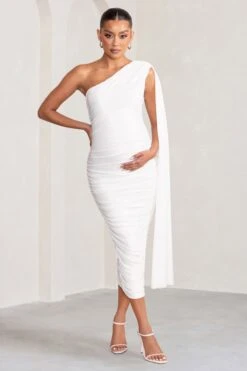 Yara | White One Sleeve Ruched Maternity Midi Dress With Cape Sleeve -ENY Clothing Shop WB BR CL129218 YaraWhiteOneSleeveRuchedMaternityMidiDresswithCapeSleeve3