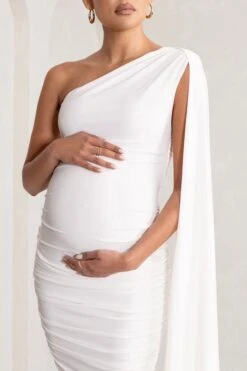 Yara | White One Sleeve Ruched Maternity Midi Dress With Cape Sleeve -ENY Clothing Shop WB BR CL129218 YaraWhiteOneSleeveRuchedMaternityMidiDresswithCapeSleeve5