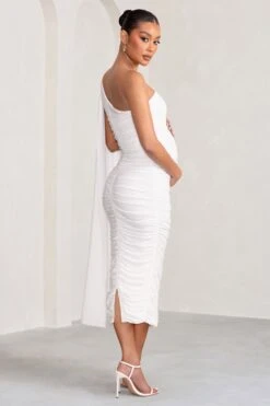 Yara | White One Sleeve Ruched Maternity Midi Dress With Cape Sleeve -ENY Clothing Shop WB BR CL129218 YaraWhiteOneSleeveRuchedMaternityMidiDresswithCapeSleeve7