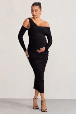 Neile | Black Asymmetric Bardot Maternity Midi Dress With Sleeves