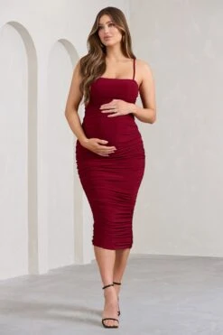 Sentimental | Wine Red Maternity Midi Dress With Cami Straps And Ruching