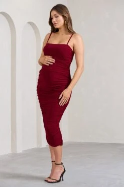 Sentimental | Wine Red Maternity Midi Dress With Cami Straps And Ruching -ENY Clothing Shop WB BR CL129222063 SentimentalWineRedMaternityMidiDresswithCamiStrapsandRuching2copy