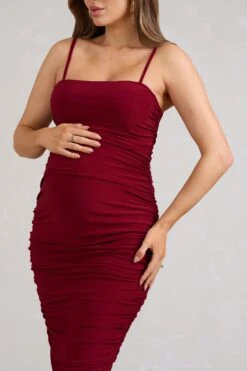 Sentimental | Wine Red Maternity Midi Dress With Cami Straps And Ruching -ENY Clothing Shop WB BR CL129222063 SentimentalWineRedMaternityMidiDresswithCamiStrapsandRuching3copy