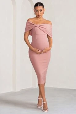 Alyssa | Blush Bardot Bow Maternity Midi Dress With Ruching -ENY Clothing Shop WB BR CL129226 AlyssaBlushBardotBowMaternityMidiDresswithRuching2