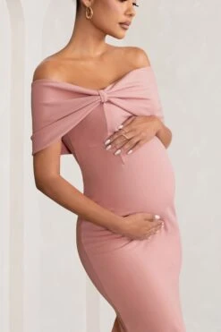 Alyssa | Blush Bardot Bow Maternity Midi Dress With Ruching -ENY Clothing Shop WB BR CL129226 AlyssaBlushBardotBowMaternityMidiDresswithRuching3