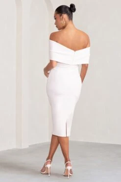 Alyssa | White Bardot Bow Maternity Midi Dress With Ruching -ENY Clothing Shop WB BR CL129226 AlyssaWhiteBardotBowMaternityMidiDresswithRuching4