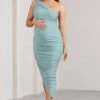 Late Night | Mint Green Maternity Ruched One Shoulder Midi Dress