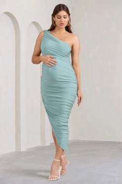 Late Night | Mint Green Maternity Ruched One Shoulder Midi Dress