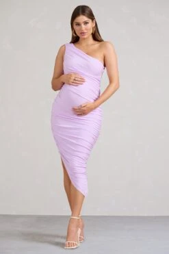 Late Night | Lilac Maternity Ruched One Shoulder Midi Dress