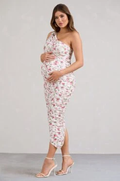 Late Night | Rose Printed Maternity Ruched One Shoulder Midi Dress
