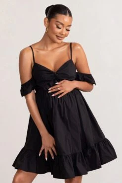 Kai | Black Cami Babydoll Maternity Mini Dress With Ruffle Cold Shoulder Sleeves -ENY Clothing Shop WB BR CL129228 KaiBlackCamiBabydollMaternityMiniDressWithRuffleColdShoulderSleeves2
