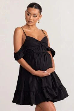 Kai | Black Cami Babydoll Maternity Mini Dress With Ruffle Cold Shoulder Sleeves -ENY Clothing Shop WB BR CL129228 KaiBlackCamiBabydollMaternityMiniDressWithRuffleColdShoulderSleeves4