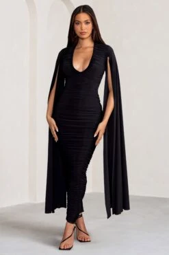 Georgiana | Black Plunge Ruched Maxi Dress With Cape Sleeves -ENY Clothing Shop WB BR CL129241 GeorgianaBlackPlungeRuchedMaxiDresswithCapeSleeves0