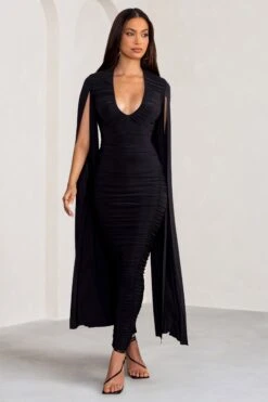Georgiana | Black Plunge Ruched Maxi Dress With Cape Sleeves -ENY Clothing Shop WB BR CL129241 GeorgianaBlackPlungeRuchedMaxiDresswithCapeSleeves1
