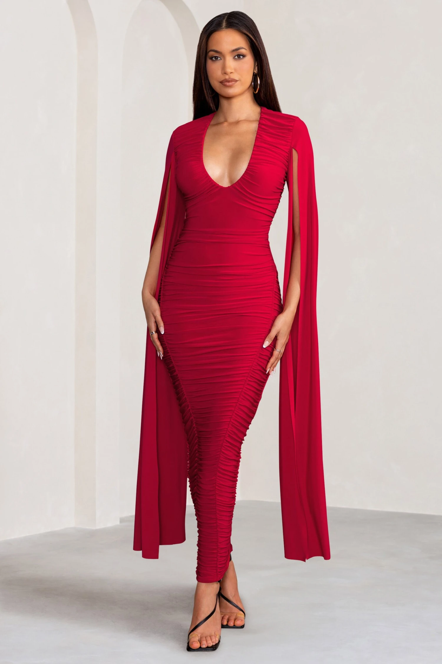 Georgiana | Red Plunge Ruched Maxi Dress With Cape Sleeves 3 Georgiana | Red Plunge Ruched Maxi Dress With Cape Sleeves