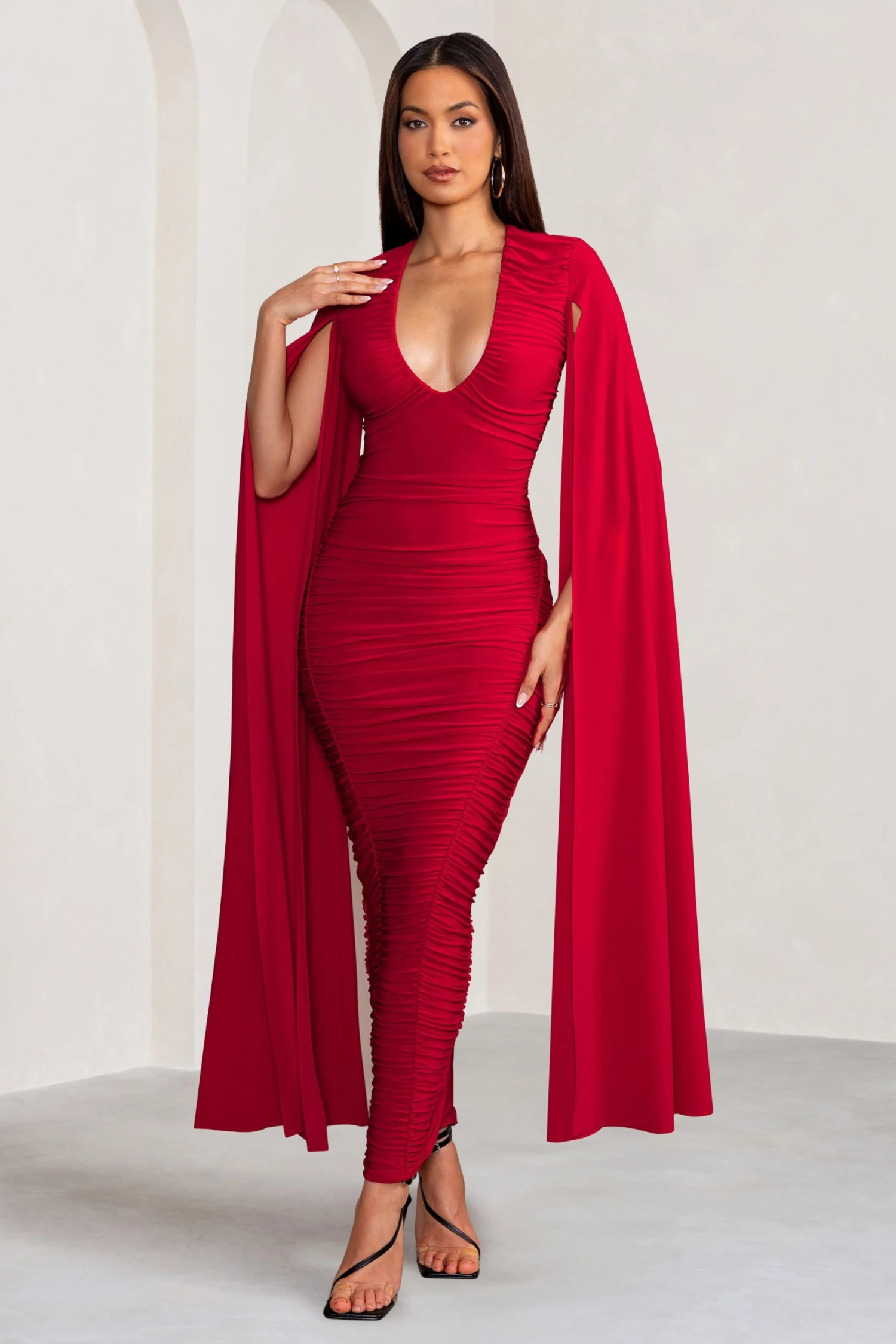 Georgiana | Red Plunge Ruched Maxi Dress With Cape Sleeves 6 Georgiana | Red Plunge Ruched Maxi Dress With Cape Sleeves - Image 4
