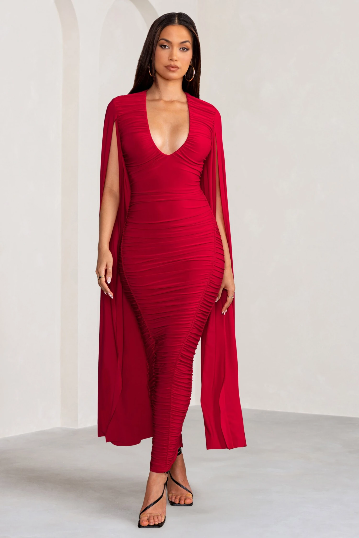 Georgiana | Red Plunge Ruched Maxi Dress With Cape Sleeves 7 Georgiana | Red Plunge Ruched Maxi Dress With Cape Sleeves - Image 5