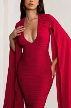 Georgiana | Red Plunge Ruched Maxi Dress With Cape Sleeves 9 Georgiana | Red Plunge Ruched Maxi Dress With Cape Sleeves -ENY Clothing Shop WB BR CL129241 GeorgianaRedPlungeRuchedMaxiDresswithCapeSleeves4 1