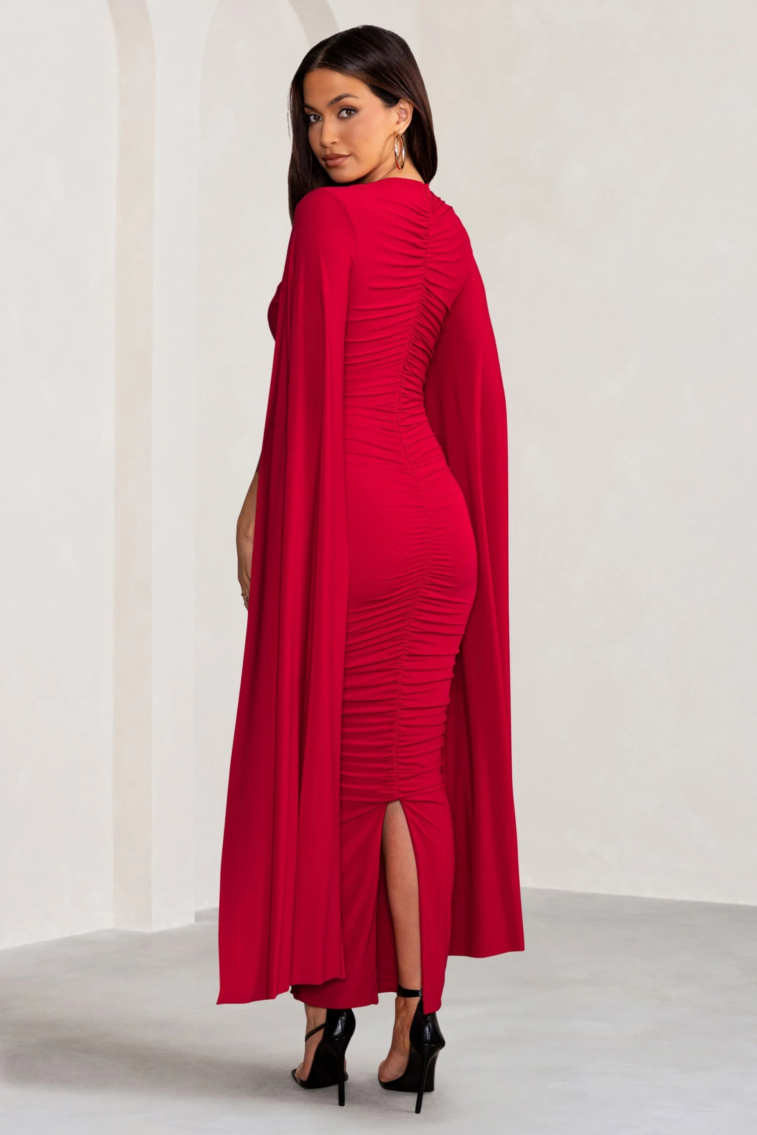 Georgiana | Red Plunge Ruched Maxi Dress With Cape Sleeves 4 Georgiana | Red Plunge Ruched Maxi Dress With Cape Sleeves - Image 2