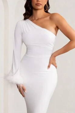 Martha | White One Sleeve Maxi Dress With Feather Cuff And Hemline 9 Martha | White One Sleeve Maxi Dress With Feather Cuff And Hemline -ENY Clothing Shop WB BR CL129244 MarthaWhiteOneSleeveMaxiDresswithFeatherCuffandHemline3