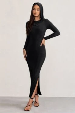 Milania | Black Long Sleeve Maxi Dress With Hood