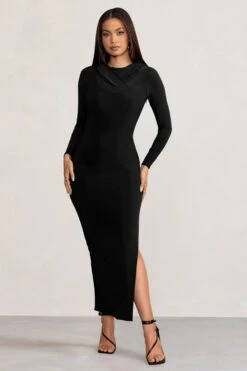 Milania | Black Long Sleeve Maxi Dress With Hood -ENY Clothing Shop WB BR CL129246 MilaniaBlackLongSleeveMaxiDresswithHood4