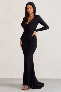 Adore | Black Long Sleeve Plunge Maxi Dress With Hood -ENY Clothing Shop WB BR CL129247 AdoreBlackLongSleevePlungeMaxiDresswithHood7