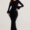 Betty | Black High Neck Long Sleeve Maxi Dress With Feather Cuffs -ENY Clothing Shop WB BR CL129250 BettyBlackHighNeckLongSleeveMaxiDresswithFeatherCuffs1