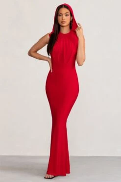 Phoenix | Red Sleeveless Maxi Dress With Hood 11 Phoenix | Red Sleeveless Maxi Dress With Hood -ENY Clothing Shop WB BR CL129251 PhoenixRedSleevelessMaxiDresswithHood5