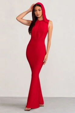 Phoenix | Red Sleeveless Maxi Dress With Hood 10 Phoenix | Red Sleeveless Maxi Dress With Hood -ENY Clothing Shop WB BR CL129251 PhoenixRedSleevelessMaxiDresswithHood8