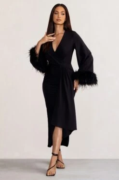 Jenna | Black Plunge Midi Dress With Feather Trim Wide Sleeves And Front Tie Drape -ENY Clothing Shop WB BR CL129255 JennaBlackPlungeMidiDresswithFeatherTrimWideSleevesandFrontTieDrape2