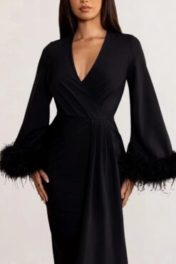 Jenna | Black Plunge Midi Dress With Feather Trim Wide Sleeves And Front Tie Drape -ENY Clothing Shop WB BR CL129255 JennaBlackPlungeMidiDresswithFeatherTrimWideSleevesandFrontTieDrape5