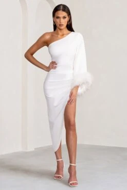 Gigi | White Asymmetric Midi Dress With Feather Trim Cape Sleeve 11 Gigi | White Asymmetric Midi Dress With Feather Trim Cape Sleeve -ENY Clothing Shop WB BR CL129256 GigiWhiteAsymmetricMidiDresswithFeatherTrimCapeSleeve3