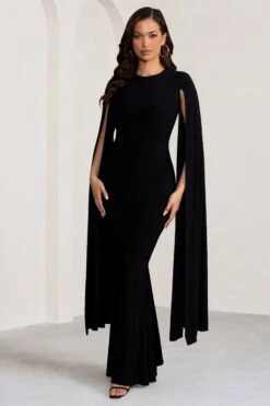 Kimmy | Black High Neck Maxi Dress With Cape Sleeves -ENY Clothing Shop WB BR CL129258 KimmyBlackHighNeckMaxiDresswithFloorLengthSleeves0