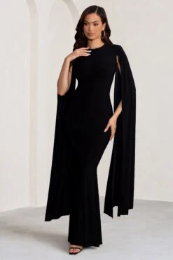 Kimmy | Black High Neck Maxi Dress With Cape Sleeves -ENY Clothing Shop WB BR CL129258 KimmyBlackHighNeckMaxiDresswithFloorLengthSleeves2