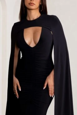 Myla | Black V-Neck Ruched Midi Dress With Cape Overlay -ENY Clothing Shop WB BR CL129260 MylaBlackV NeckRuchedMidiDresswithCapeOverlay4