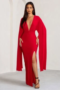 Maggie | Red Plunge Neck Maxi Dress With Cape Sleeves And Thigh Split