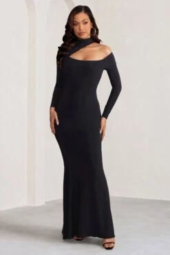 Farrah | Black High Neck Maxi Dress With Cut-Out Neckline -ENY Clothing Shop WB BR CL129269 FarrahBlackHighNeckMaxiDresswithCut OutNeckline1