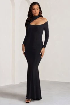 Farrah | Black High Neck Maxi Dress With Cut-Out Neckline -ENY Clothing Shop WB BR CL129269 FarrahBlackHighNeckMaxiDresswithCut OutNeckline2