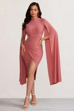 Sara | Blush High Neck Ruched Midi Dress With Cape Sleeves -ENY Clothing Shop WB BR CL129272 SaraBlushHighNeckRuchedMaxiDresswithCapeSleeves1