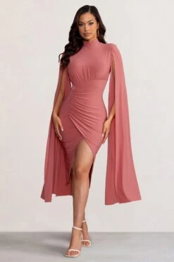 Sara | Blush High Neck Ruched Midi Dress With Cape Sleeves -ENY Clothing Shop WB BR CL129272 SaraBlushHighNeckRuchedMaxiDresswithCapeSleeves2