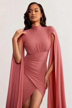 Sara | Blush High Neck Ruched Midi Dress With Cape Sleeves -ENY Clothing Shop WB BR CL129272 SaraBlushHighNeckRuchedMaxiDresswithCapeSleeves3