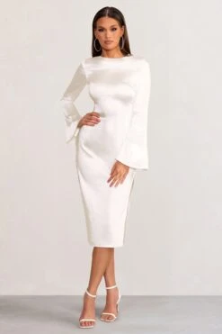 Zaina | White Long Sleeve Midi Dress With High Neckline -ENY Clothing Shop WB BR CL129273 ZainaWhiteLongSleeveMaxiDresswithHighNeckline2