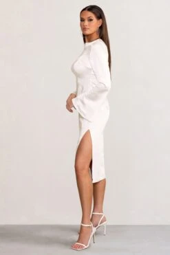 Zaina | White Long Sleeve Midi Dress With High Neckline -ENY Clothing Shop WB BR CL129273 ZainaWhiteLongSleeveMaxiDresswithHighNeckline4