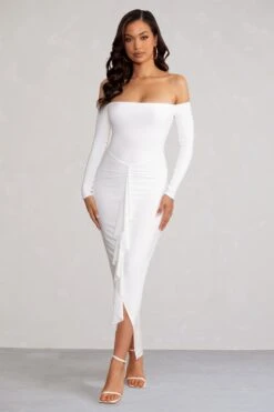 Leanora | White Long Sleeve Bardot Midi Dress With Front Ruffle -ENY Clothing Shop WB BR CL129283 LeanoraWhiteLongSleeveBardotMidiDresswithFrontRuffle1