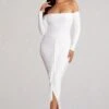 Leanora | White Long Sleeve Bardot Midi Dress With Front Ruffle